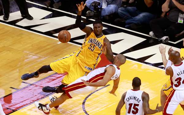 Roy Hibbert and the Pacers reacted to the Heat's physical play in Game 1. (Chris Trotman/Getty Images)